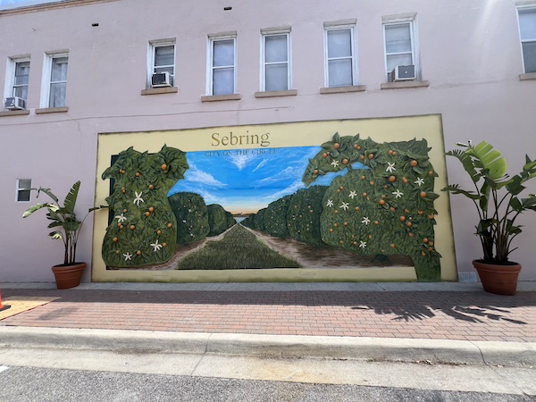 Sebring, Florida features murals on shops in historic downtown. Seen here is a 3D image of citrus groves seen throughout Highlands County.